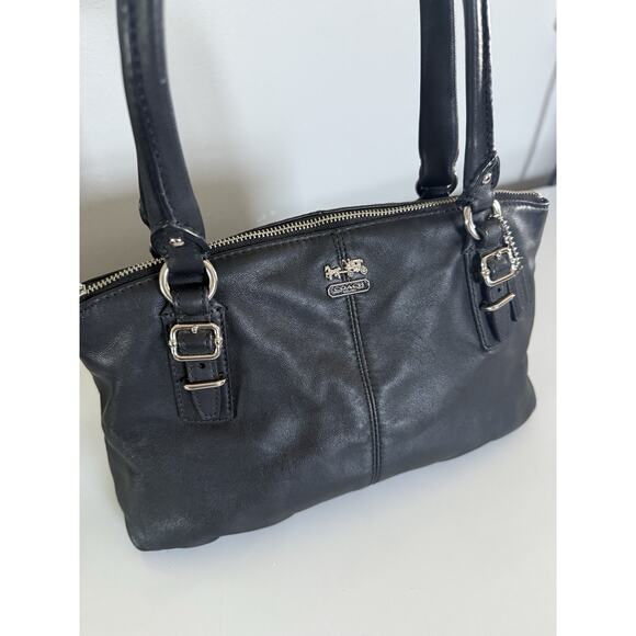 Coach Handbags - Coach Black Leather Handbag Zipper Purple Interior 10.5”x5”x6”